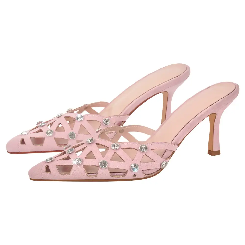 Rhinestone Pointed Toe Hollow Mule Sandals