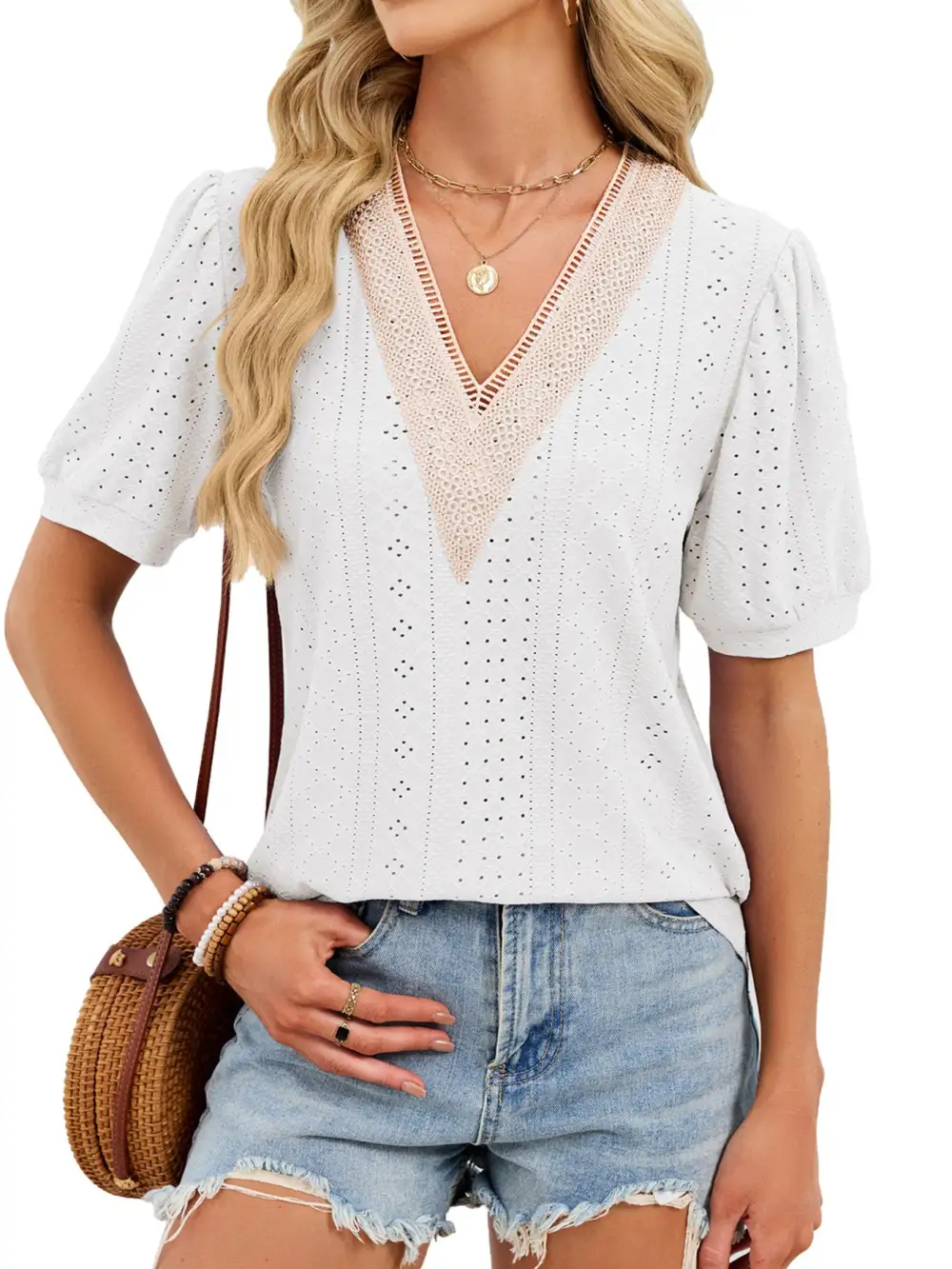 Refined V-Neck Short-Sleeve Lace-Detail T-Shirt