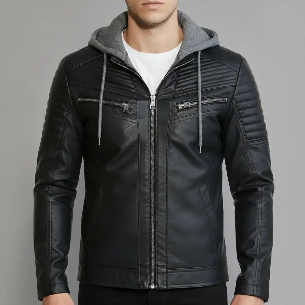 Modern Leather Biker Hooded Multi Pocket Jacket