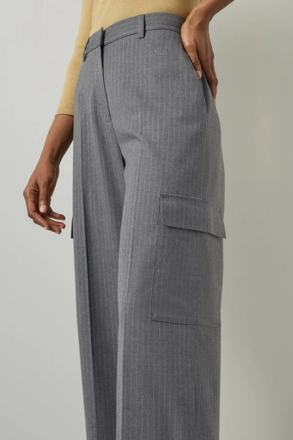 Grey Striped Cropped Wide Leg Trousers
