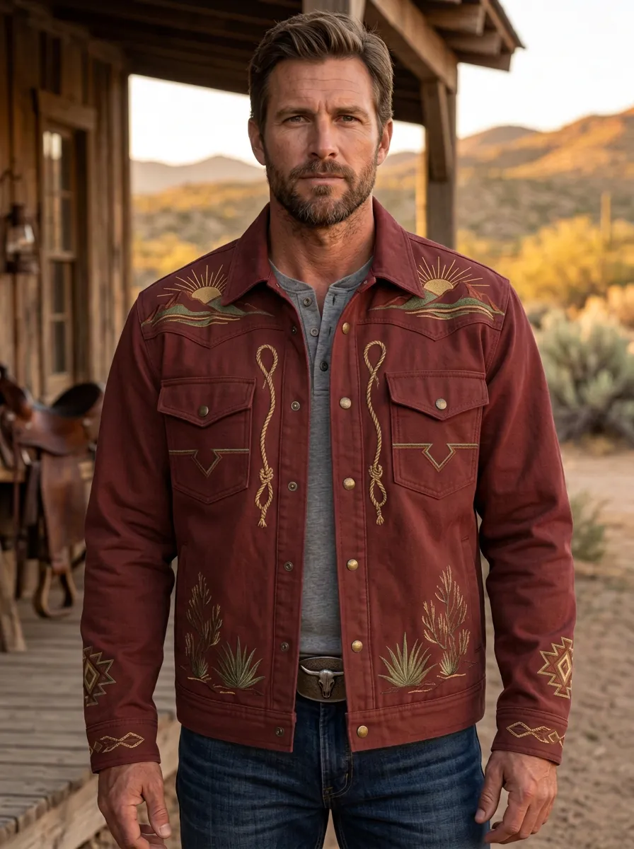 Men's Western Cowboy Desert Rope Landscape Embroidered Jacket