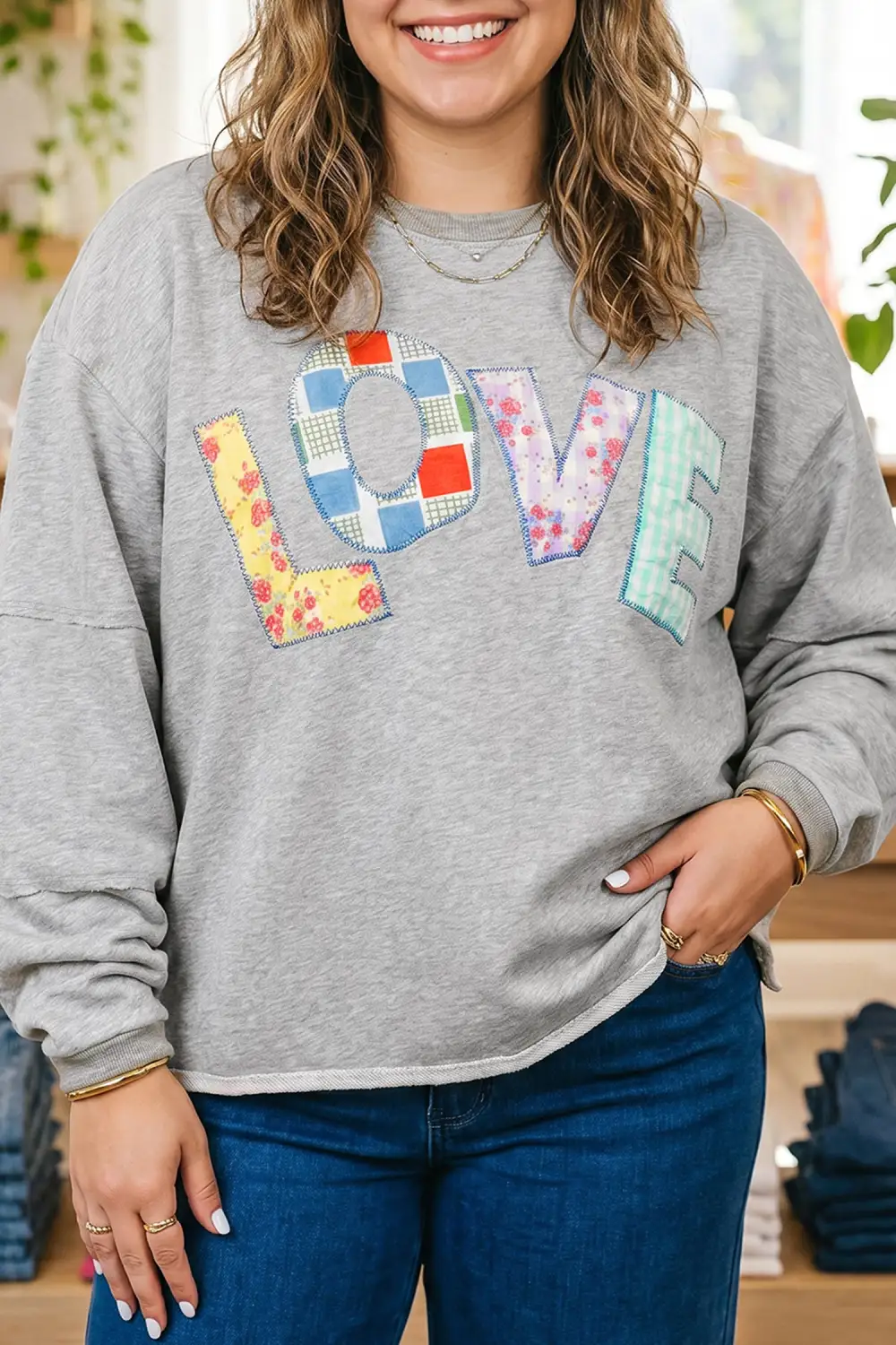 Round Neck Embroidery Relaxed Cotton Blend Long Sleeve Top