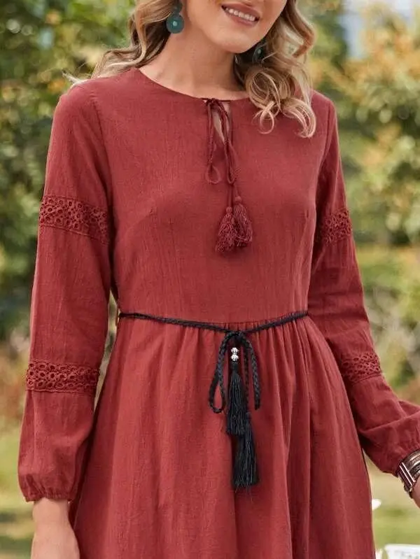 Luludress 2025 Tie Neck Lace Insert Belted Dress