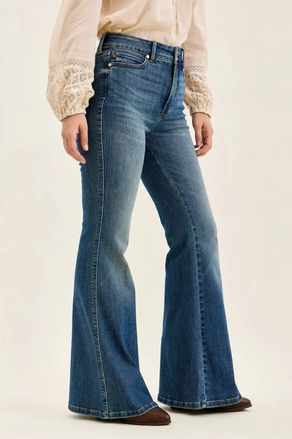 High Waist Flare Leg Button Denim Jeans