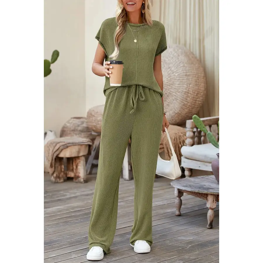 Solid Corded Short Sleeve Top and Casual Pants Set