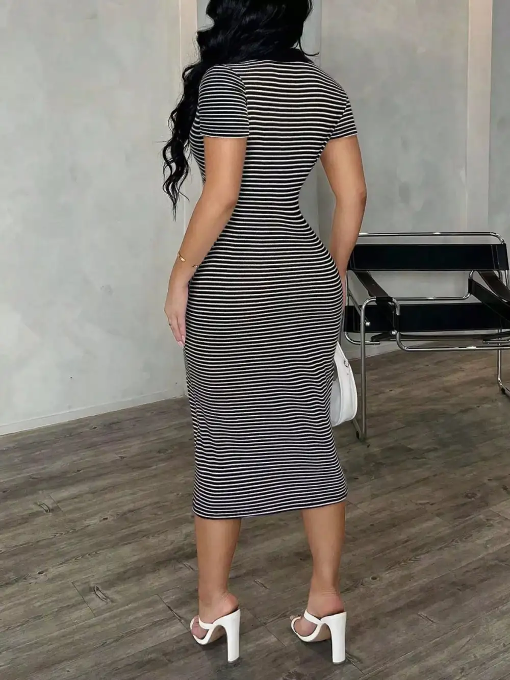 Striped Polo Collar Midi Dress