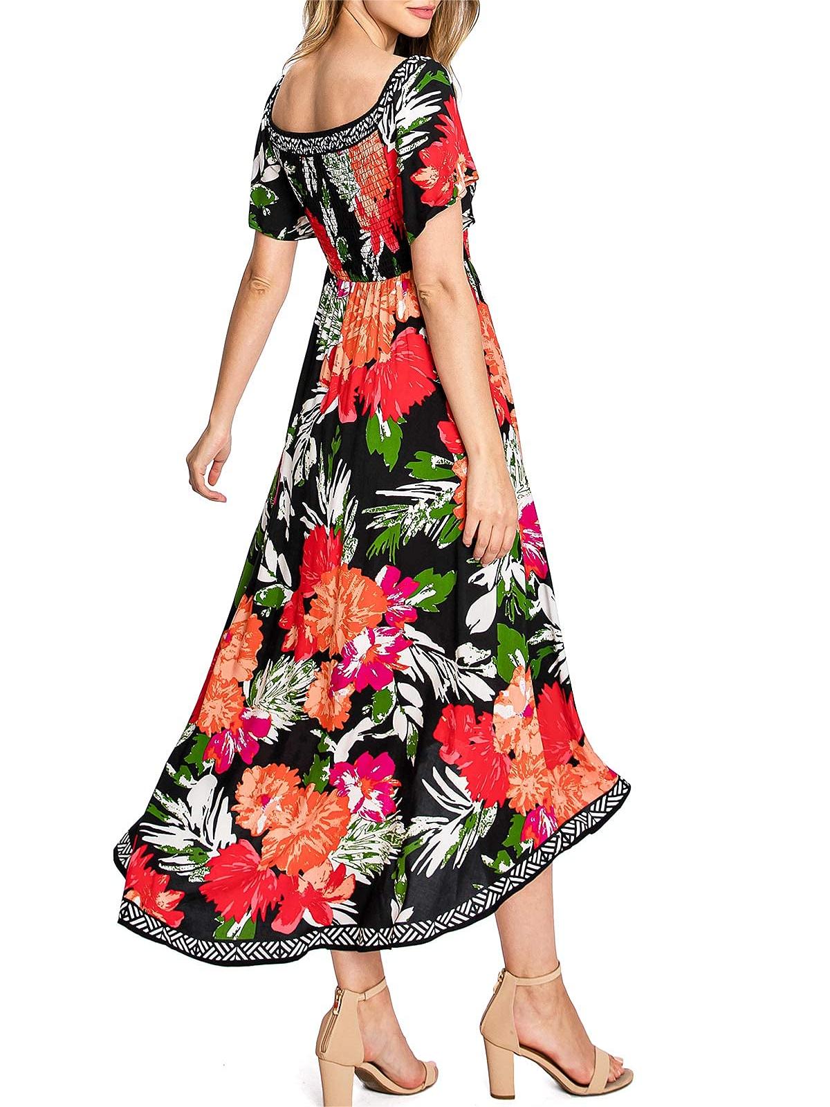 Black and Red Floral Off - Shoulder Dress
