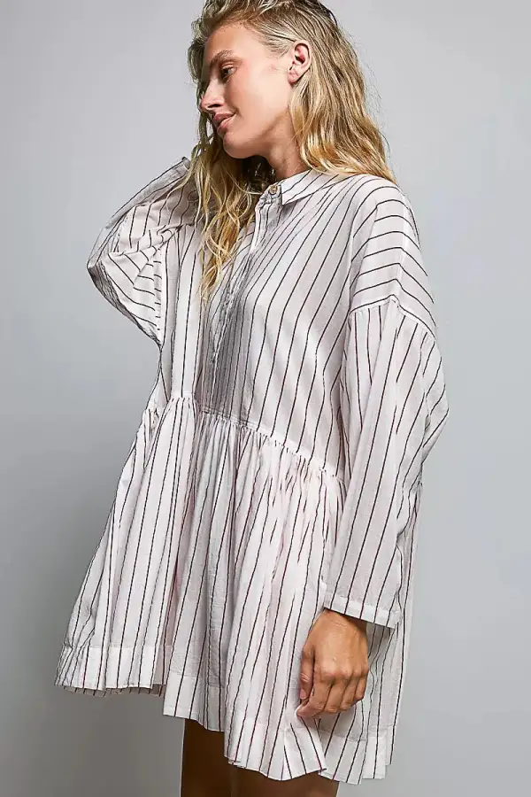 Striped Gathered Waist Woven Shirt Dress
