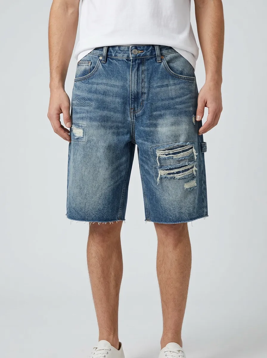 Men's Classic Distressed Raw Hem Street Inspired Distressed Denim Shorts