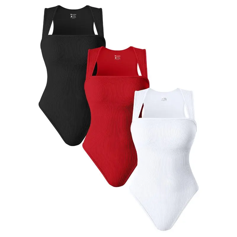 Womenswear 3 Piece Bodysuits Stretchy Underwear Sexy Ribbed Square Neck Sleeveless Stretchy Tank Tops Bodysuits Soft Lady