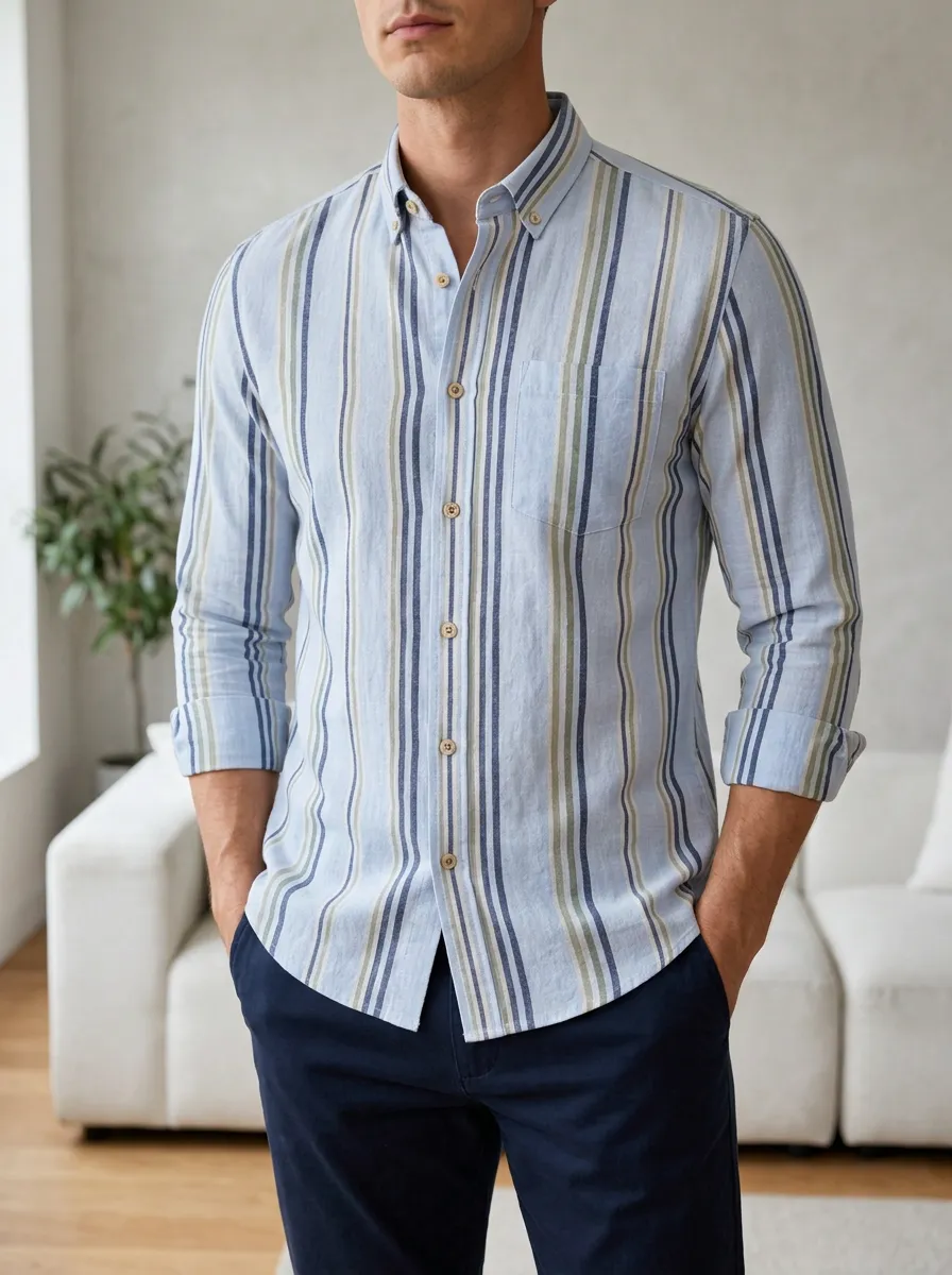 Men's Casual Style Blue Striped Pattern Slim Fit Button Down Shirt
