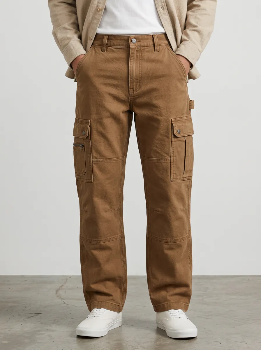 Men's Brown Utility Workwear Multi-Pocket Cargo Pants