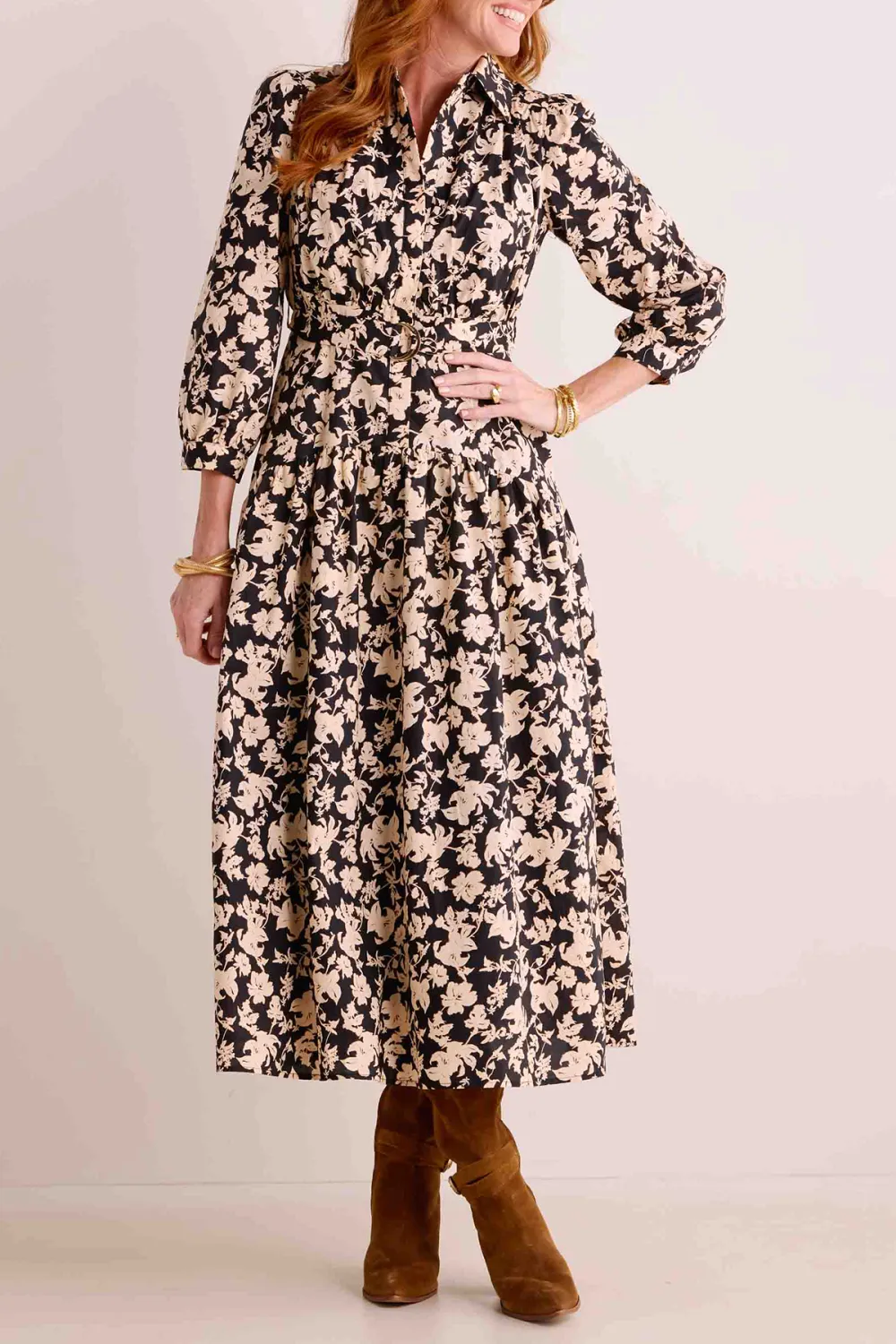 Brown Floral Print Long Sleeve Maxi Dress