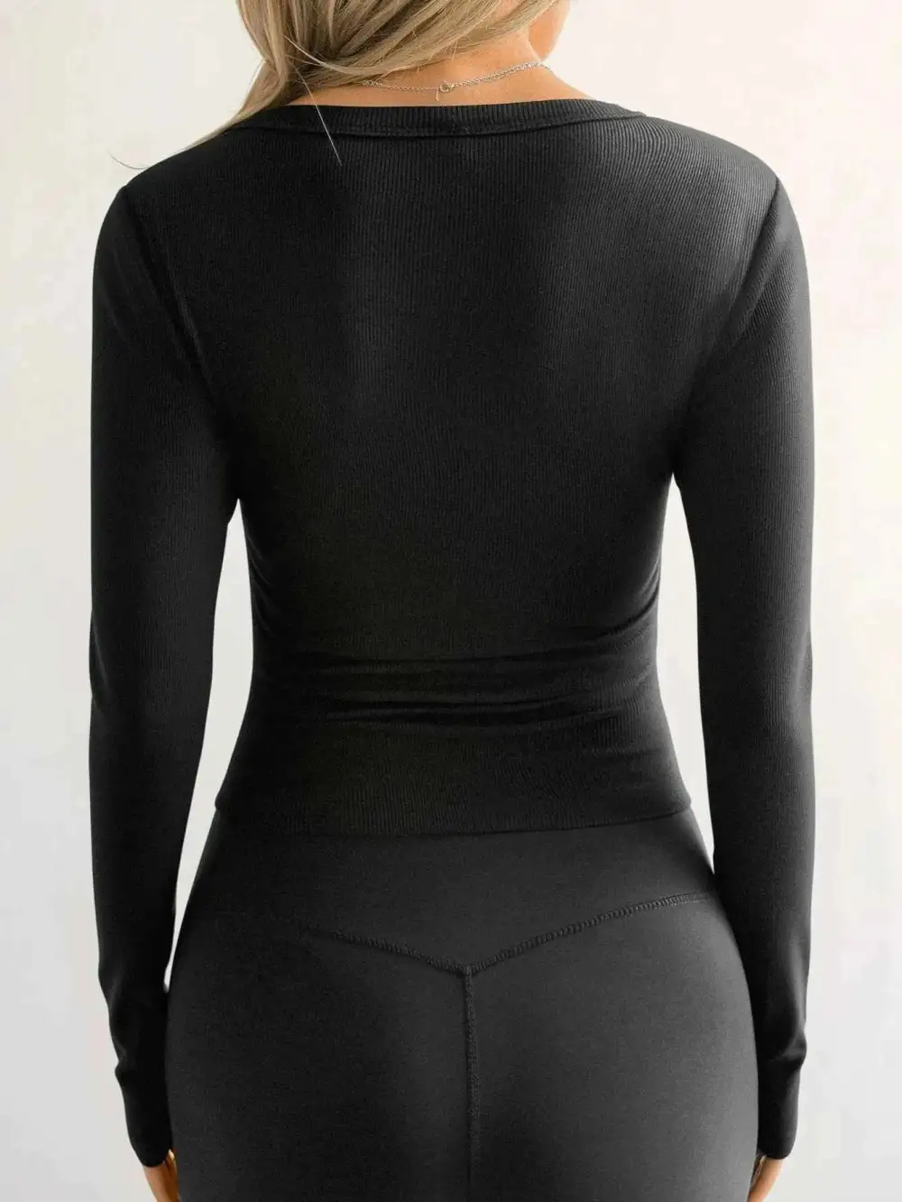 Ribbed V-Neck Long Sleeve T-Shirt