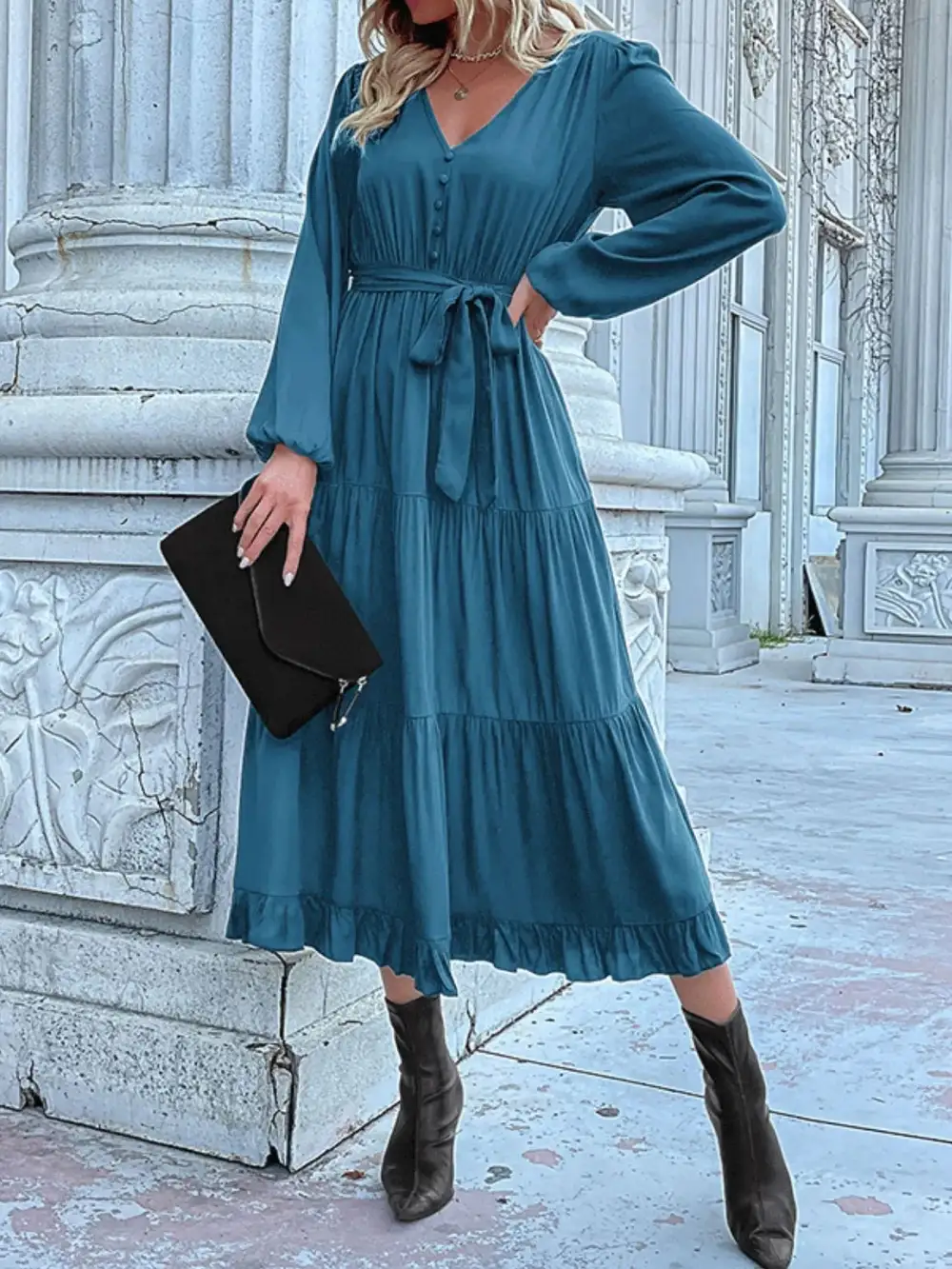Smooth Finish V Neck Ruffle Dress