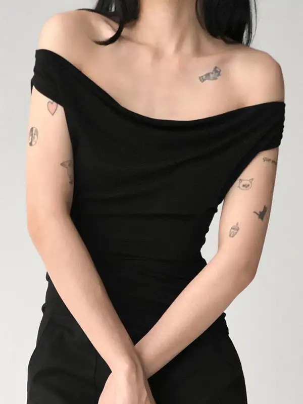 Relaxed Slim Fit Backless Lace Detail Up Sheer Panel Detail Off The Shoulder T-Shirt