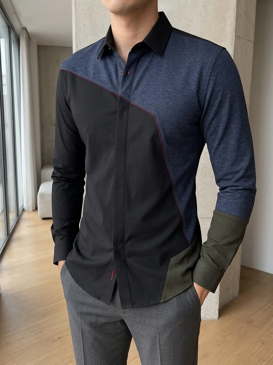 Men's Colorblock Slim Fit Long Sleeve Casual Shirt
