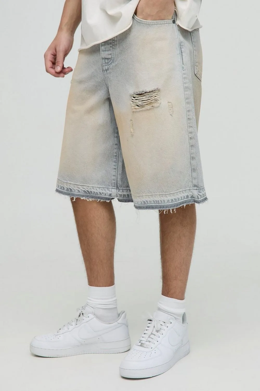 Ice Grey Medium Stretch Washed Ripped Denim Jorts Daily