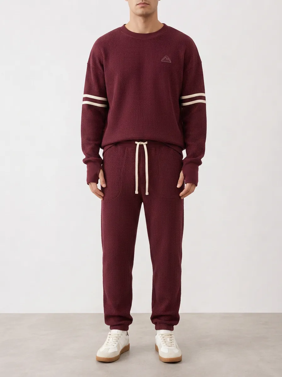 Men's Burgundy Waffle Knit Mountain Logo Striped Sleeve Sweatshirt