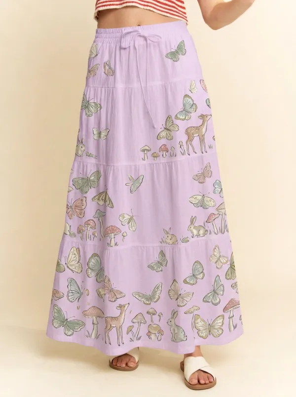Women's Cottagecore Nature-Inspired Butterfly Deer Mushroom Printed Skirt