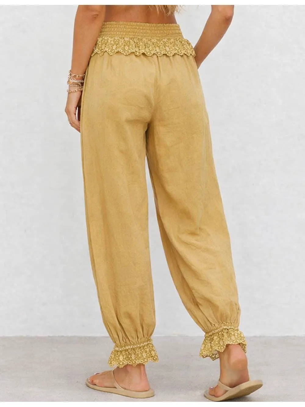 Lace Lantern Leg Elastic Waist Drawstring Pants