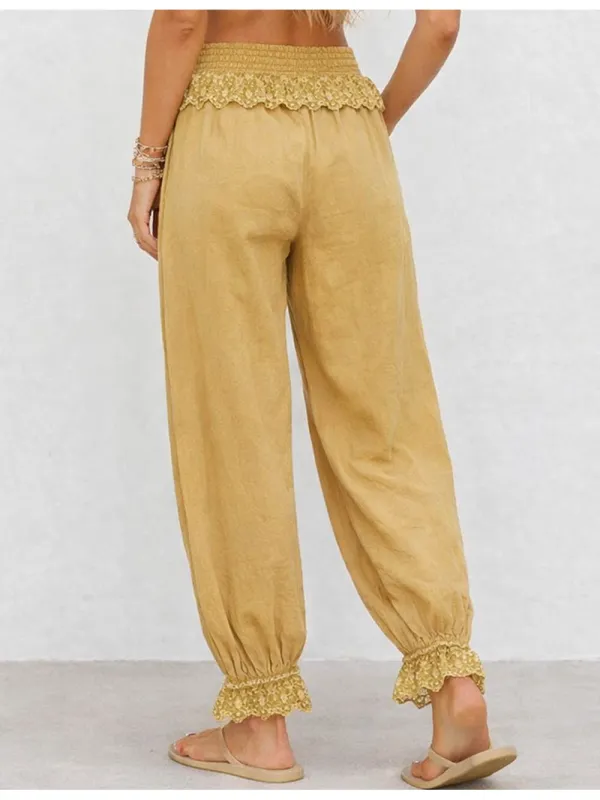 Lace Lantern Leg Elastic Waist Drawstring Pants