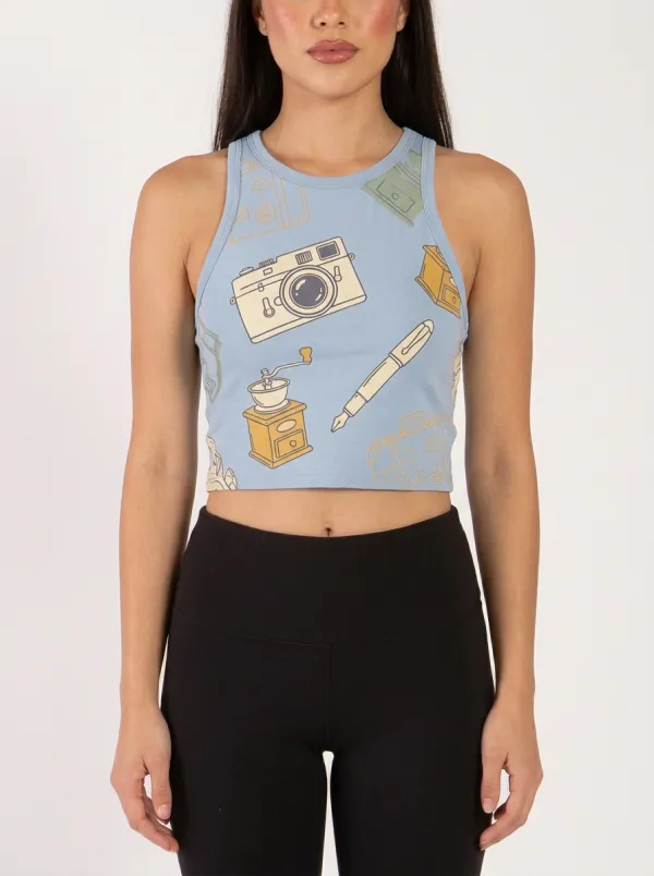 Women's Travel Hobbyist Camera Coffee Grinder Printed Crop Top
