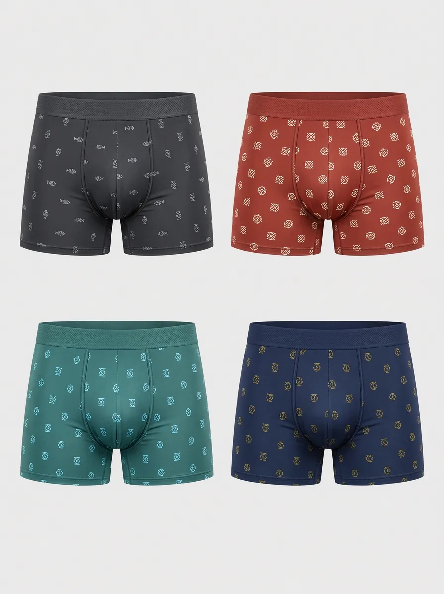 Men's Multicolor Patterned Fish Pattern Boxer Briefs 4-Pack