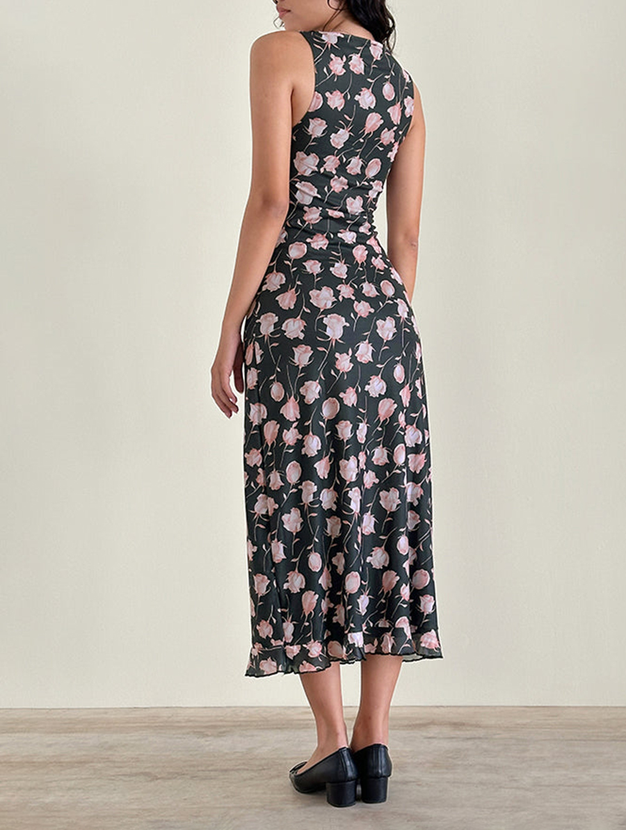 Midi Dress In Falling Rose Jet Black