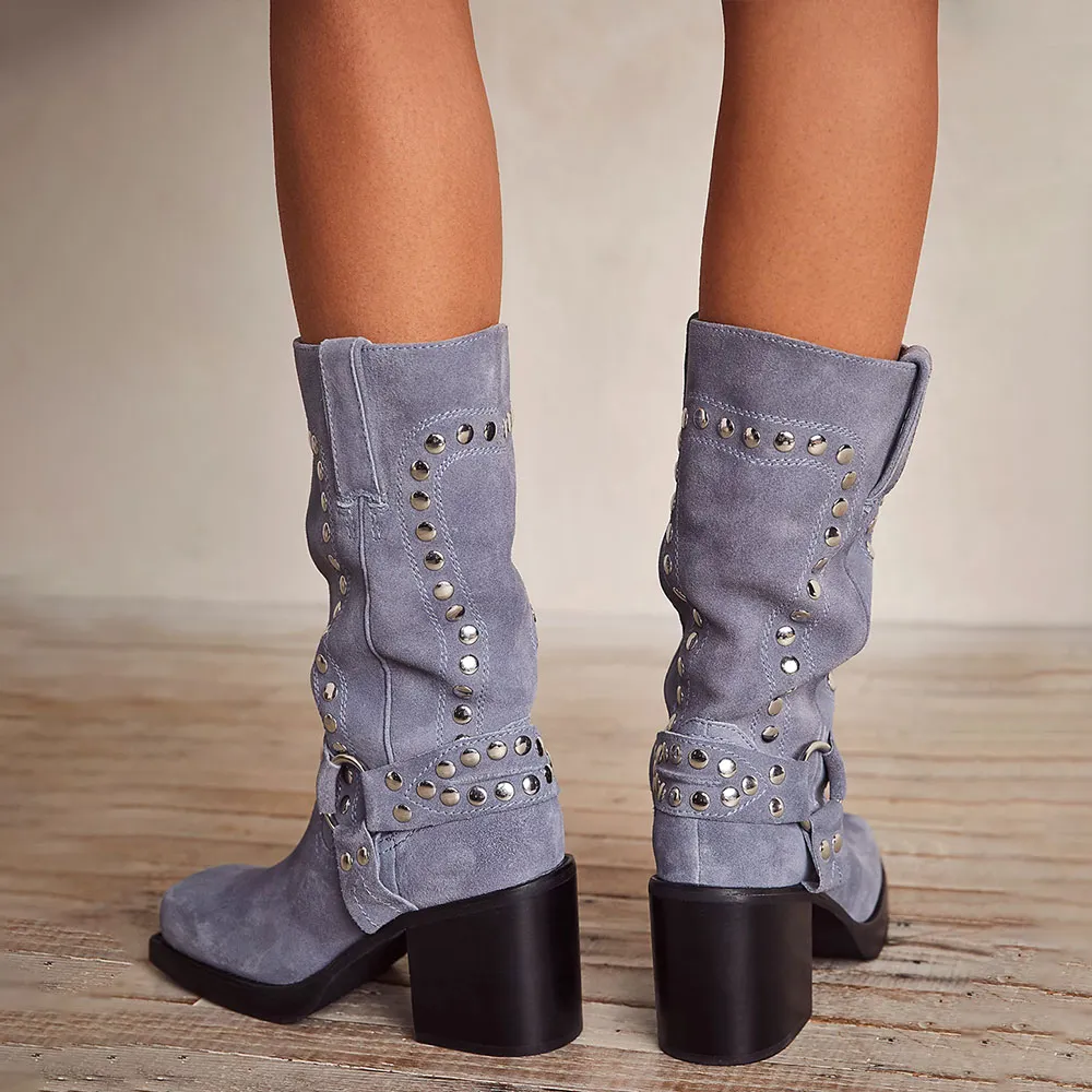 Faux-Suede Studded Buckle-Detail Square-Toe Mid-Calf Boots