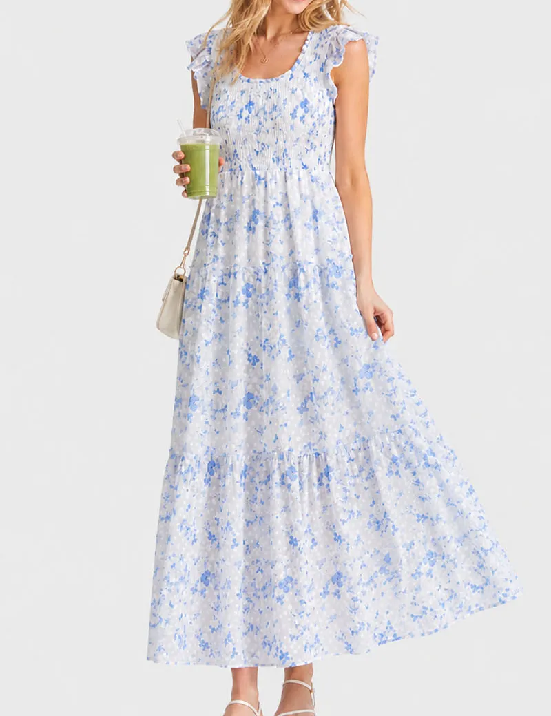 Ruffle Sleeves Tiered Hem Smocked Maxi Dress