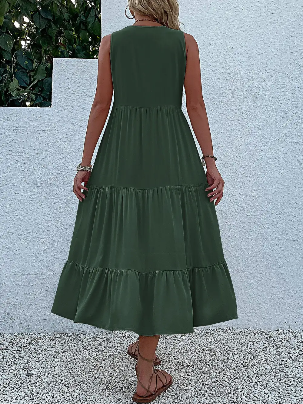 Notch-Neck Buttoned Sleeveless Tiered Midi Dress