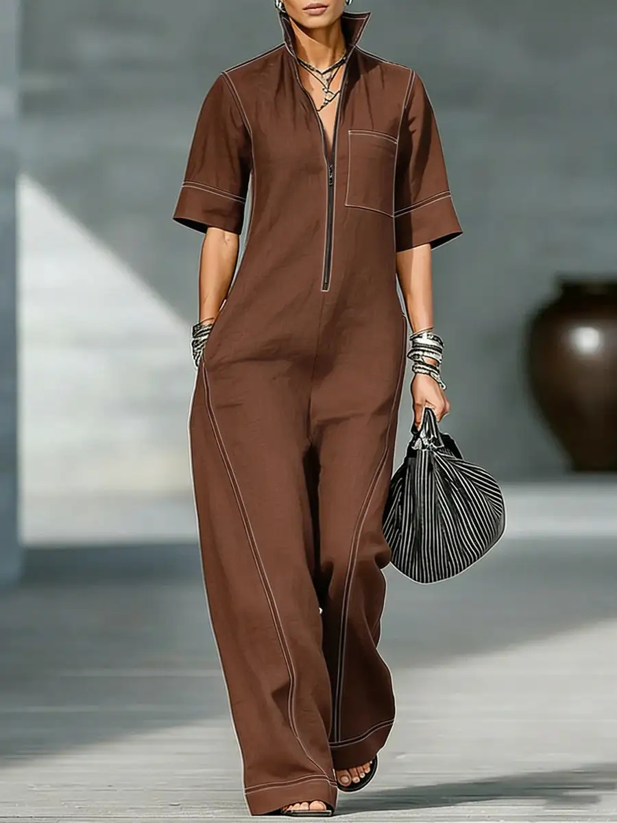 Losse Jumpsuits Met Korte Mouwen Zakken Effen Kleur