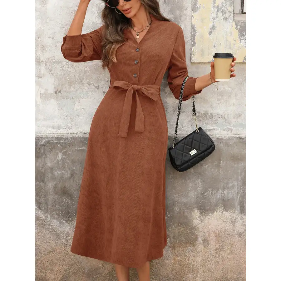 Long Sleeve Button Front Belted Midi Dress