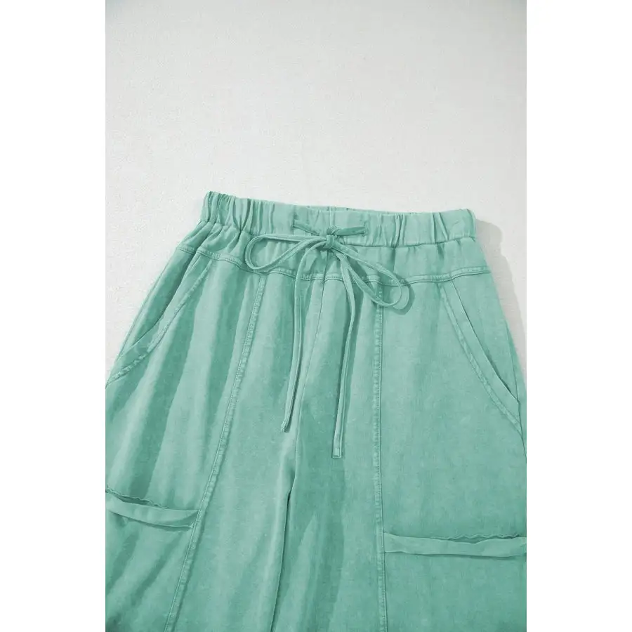 Mineral Wash Exposed Seam Drawstring High Waist Wide Leg Cargo Pants