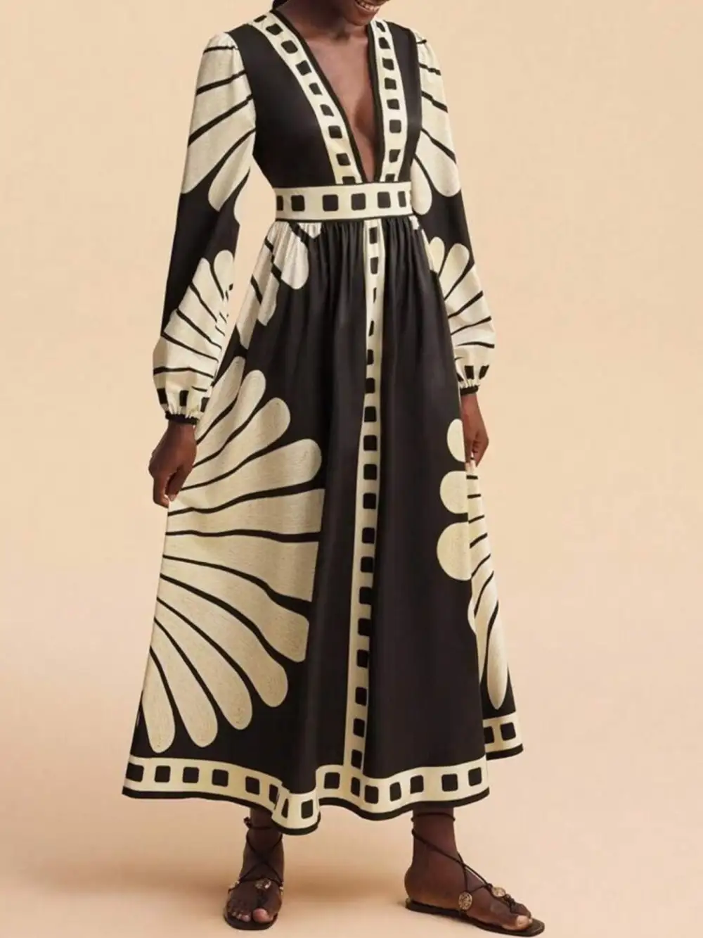 Printed Deep V Neck Long Sleeve Dress
