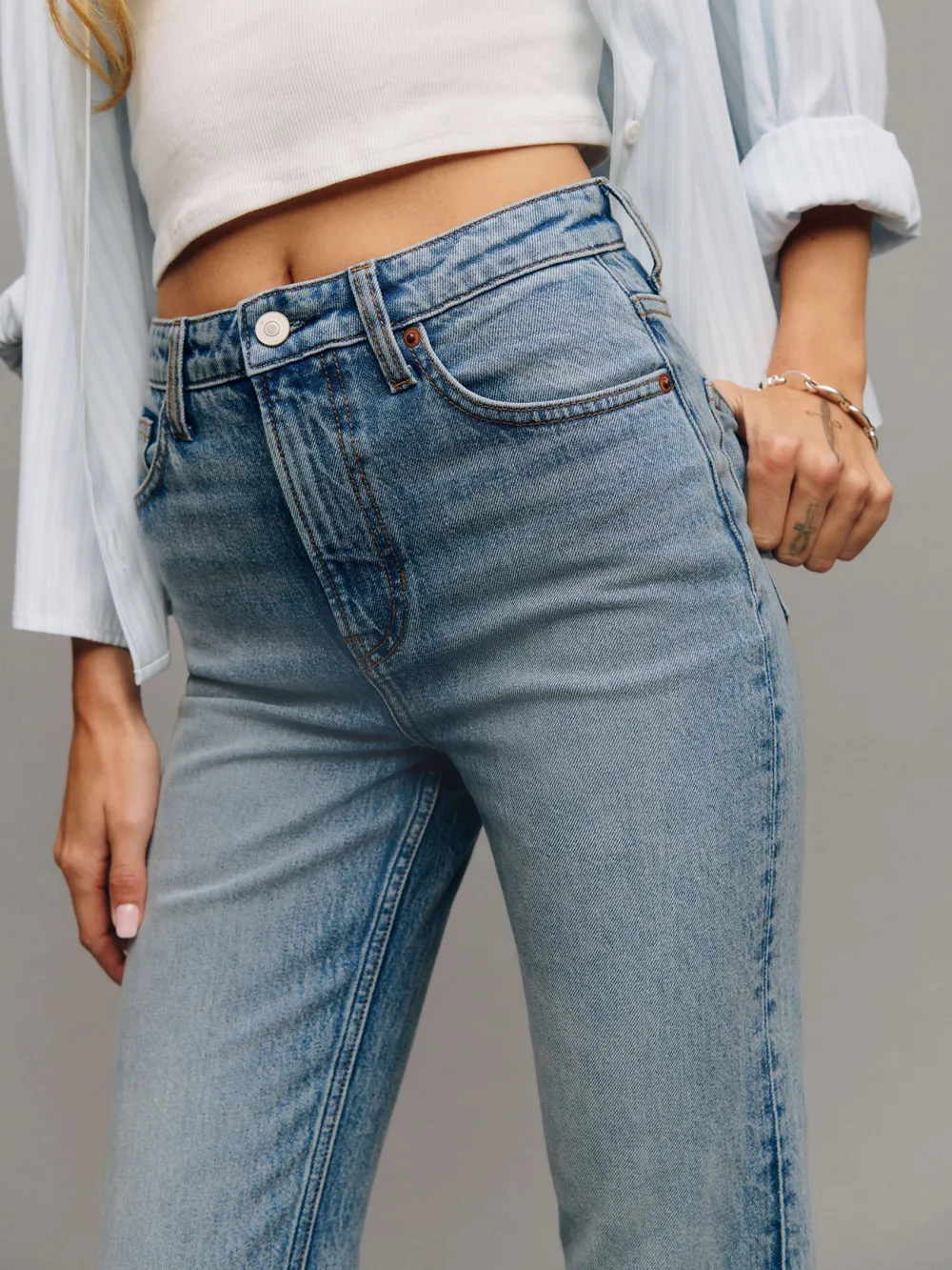 Stretch High Rise Straight Leg Jeans