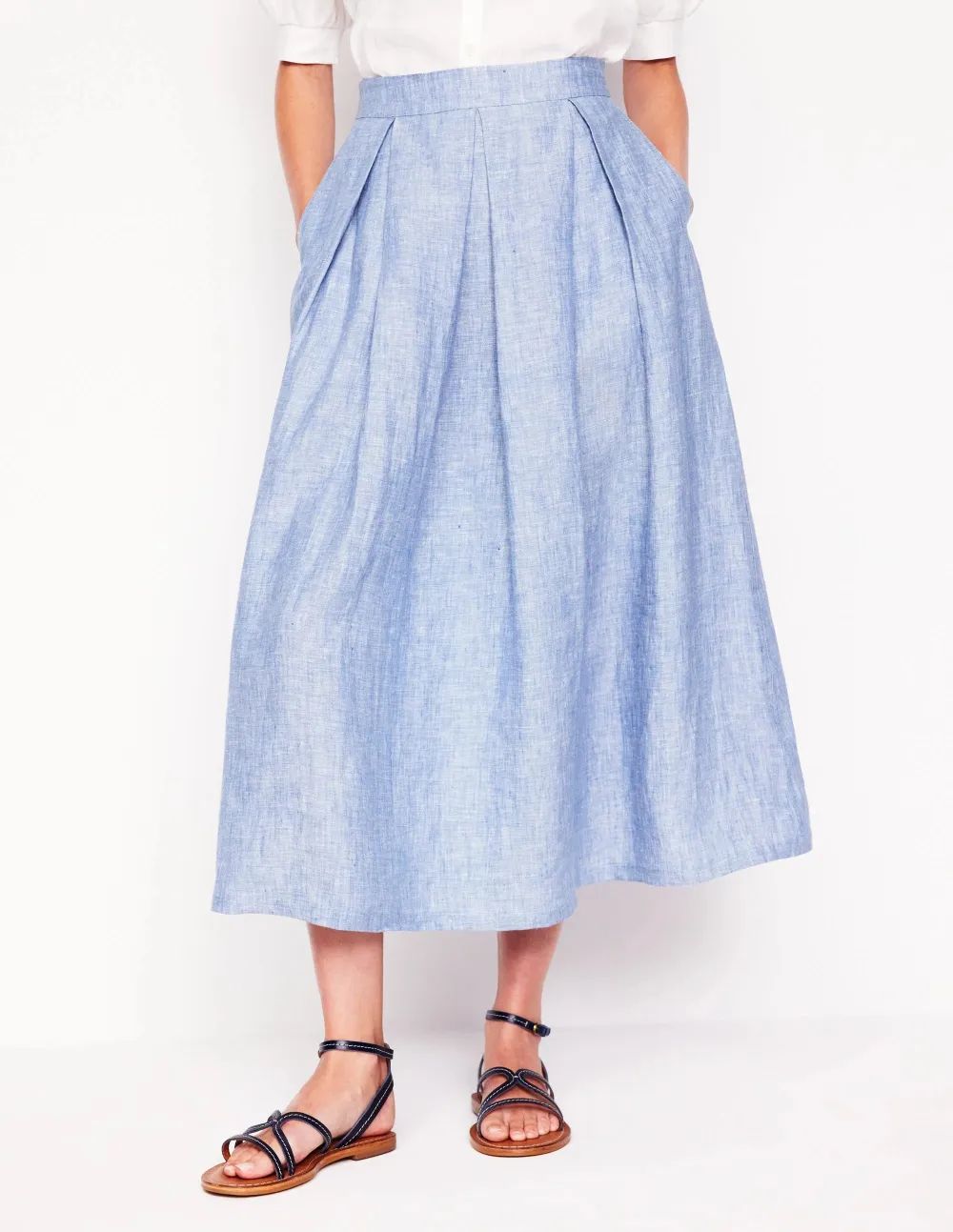 Verity Linen Midi Skirt -Grey Blue Chambray