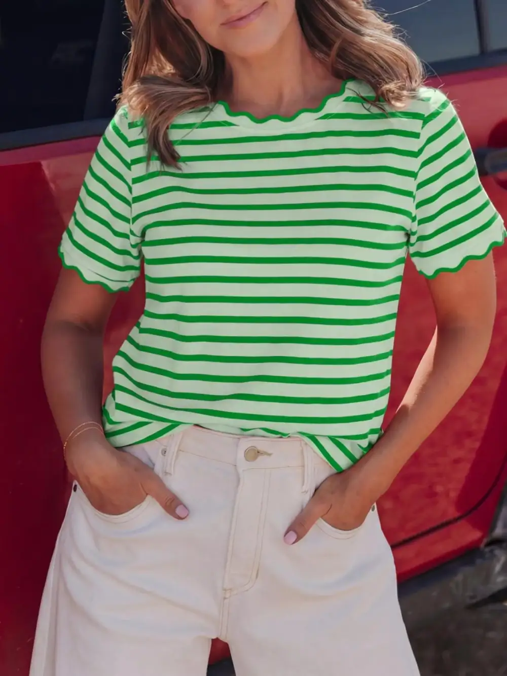 Striped Scallop-Trimmed Round Neck T-Shirt