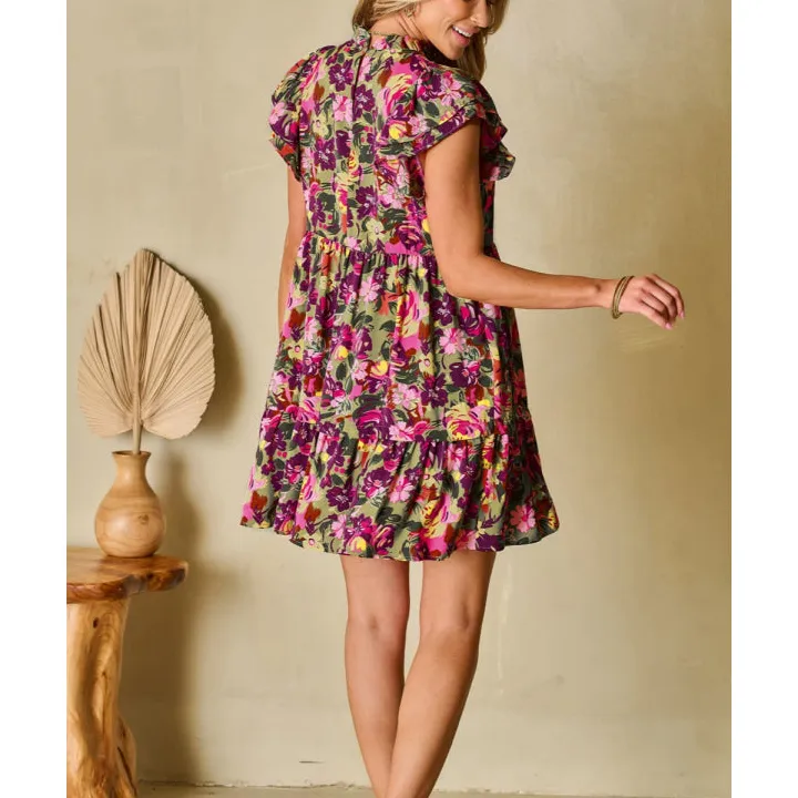 Ruffled Printed Mock Neck Cap Sleeve Mini Dress