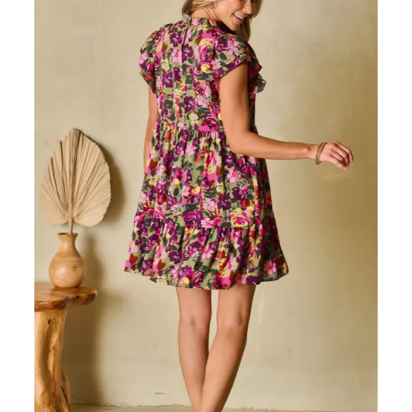 Ruffled Printed Mock Neck Cap Sleeve Mini Dress