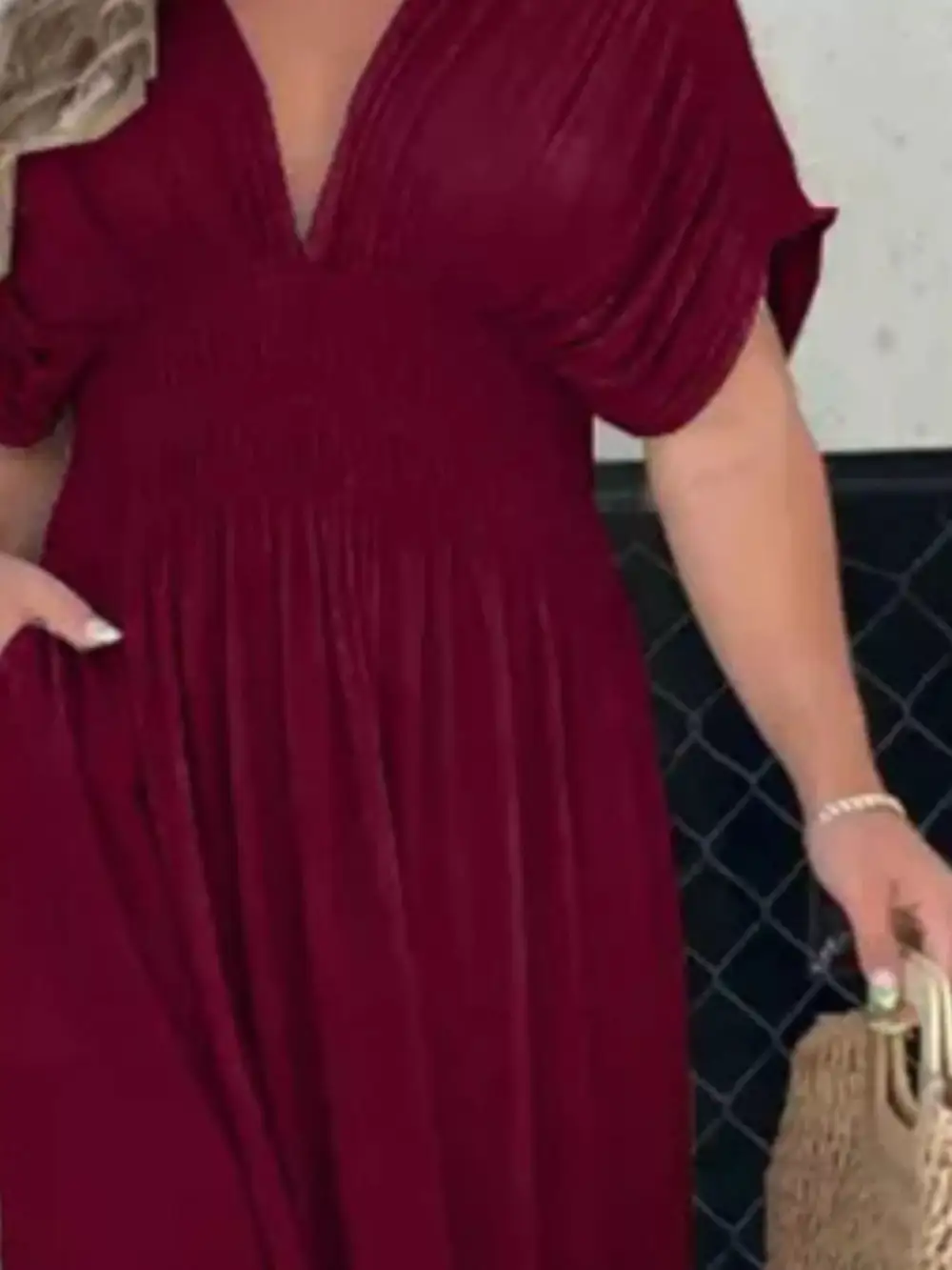 V Neck Smocked Slit Maxi Dress