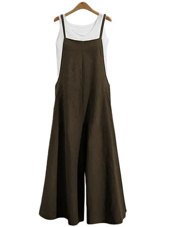 Women Casual Pure Color Loose Linen Tank Jumpsuit