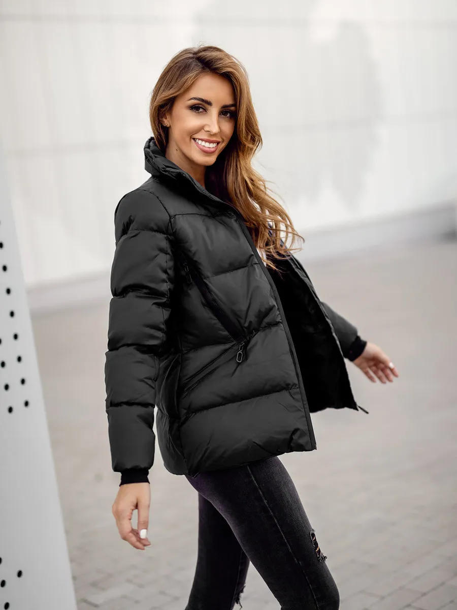 Women's Black Quilted Winter Jacket Without Hood
