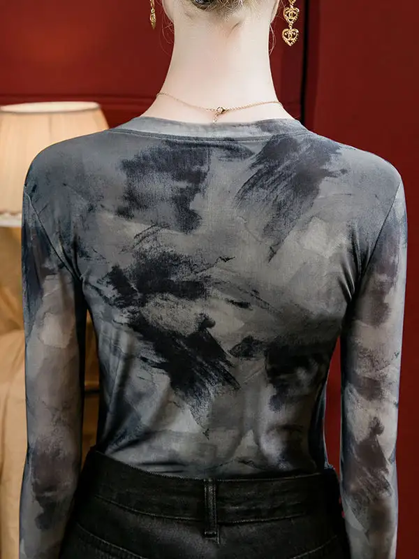 Long Sleeve Curve Fit Panel Detail Tie Dyed Round Neck T-Shirt