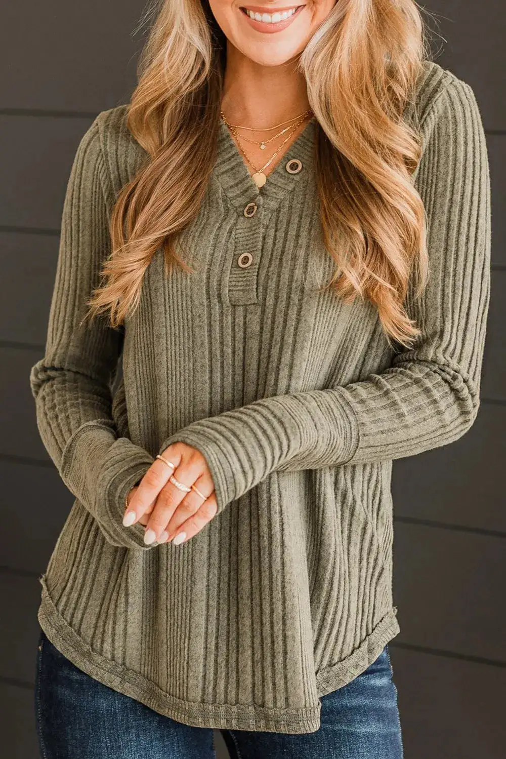 Button Front Ribbed Blouse