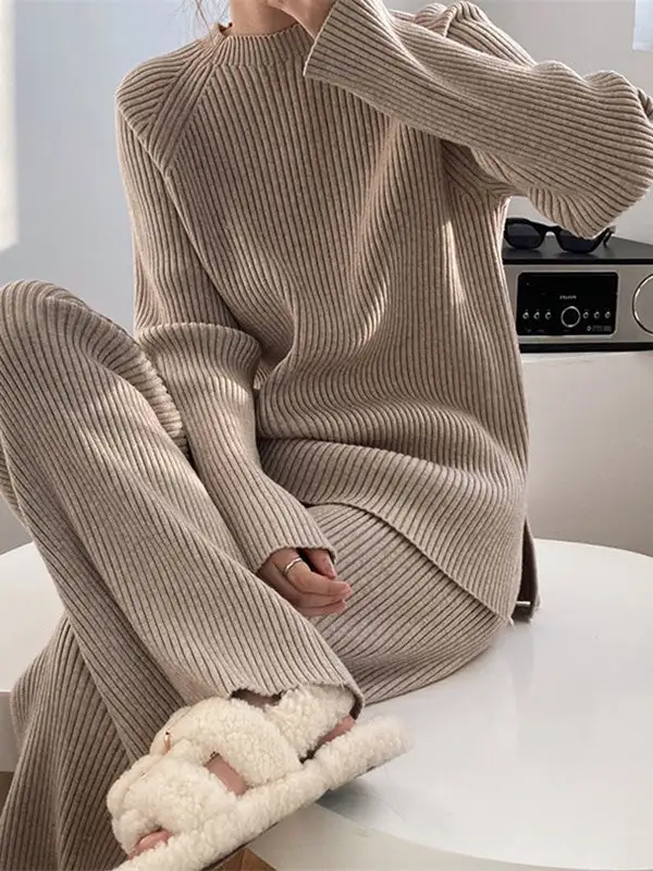 Relaxed Round Neck Side Split Sweater And Pants Set