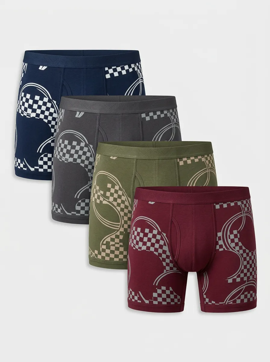 Men's Four-Pair Checkered Curve Graphic Boxer Brief Set
