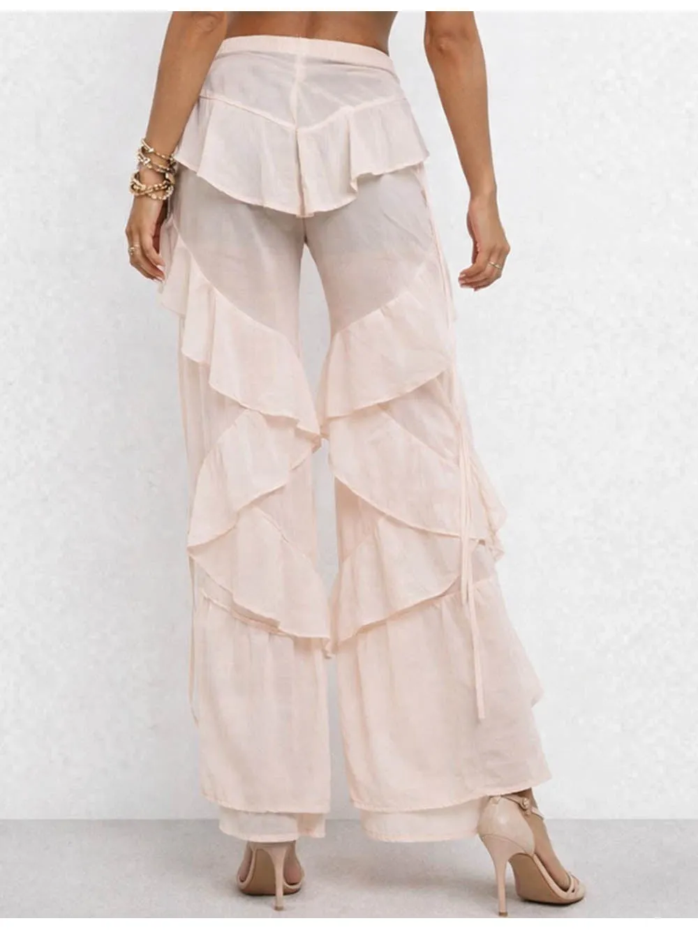 Boho Sheer Ruffle Elastic Waist Flared Leg Pants