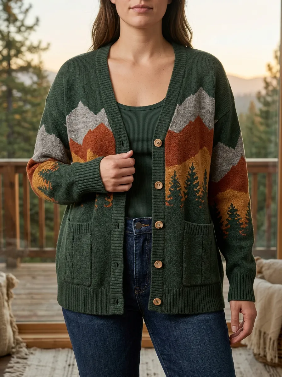 Women's Nature Lover Mountain Forest Pattern Printed Button Front Relaxed Layering Cardigan